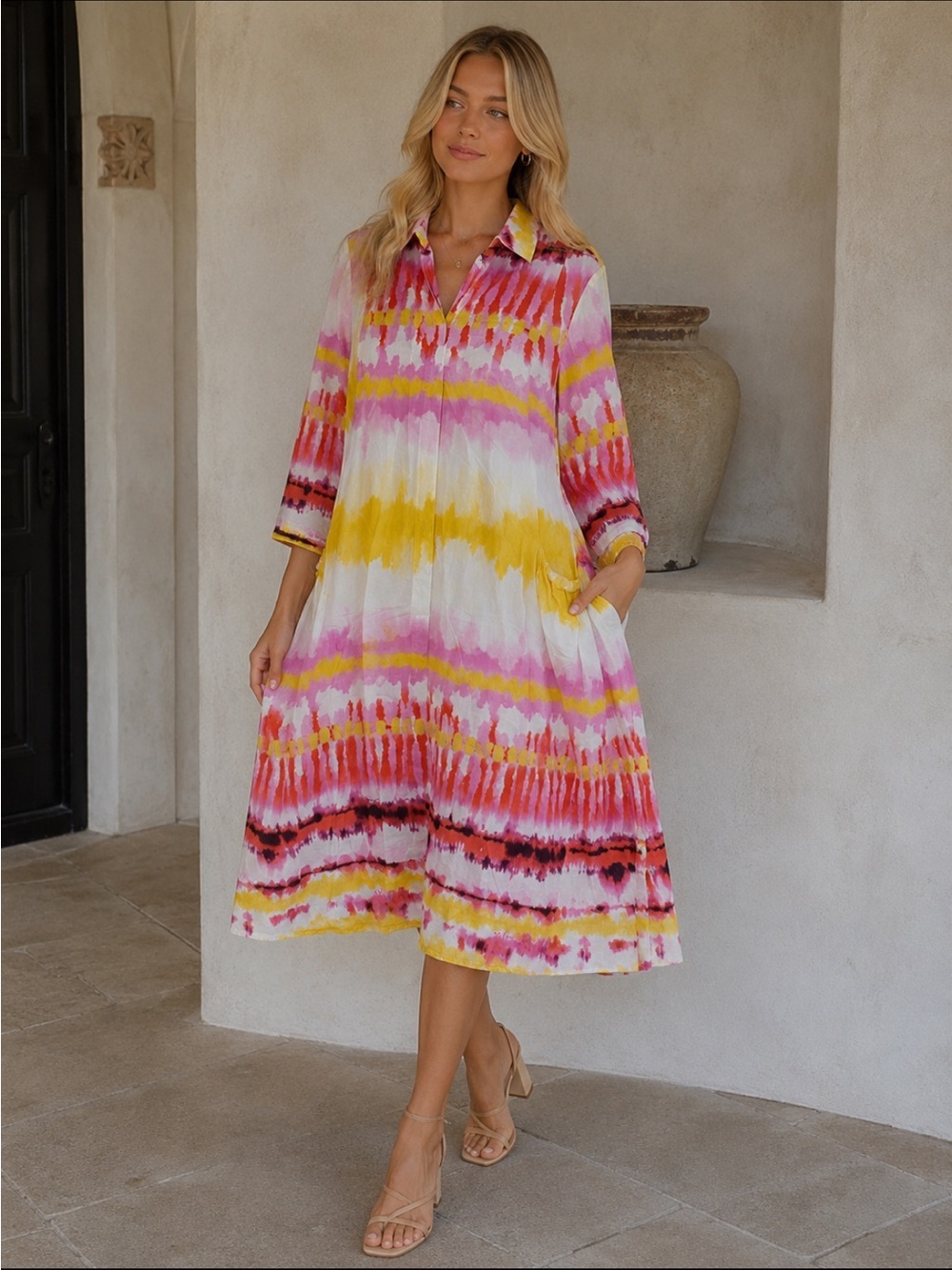 Noen Pink & Yellow Tie Dye A-Line Midi Dress Size 14 - 36945